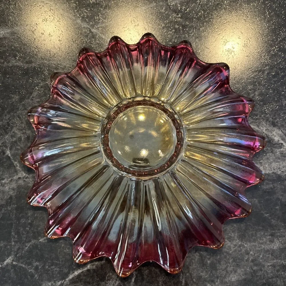 Vintage Federal Glass Celestial Sunburst Flower Plate In Iridescent Gem Tone